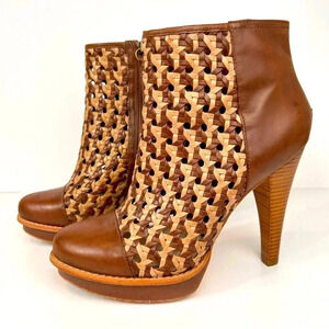 UGG Maliha Ankle Heeled Boots 10M Woven Leather Boho Stiletto Shearling NEW!